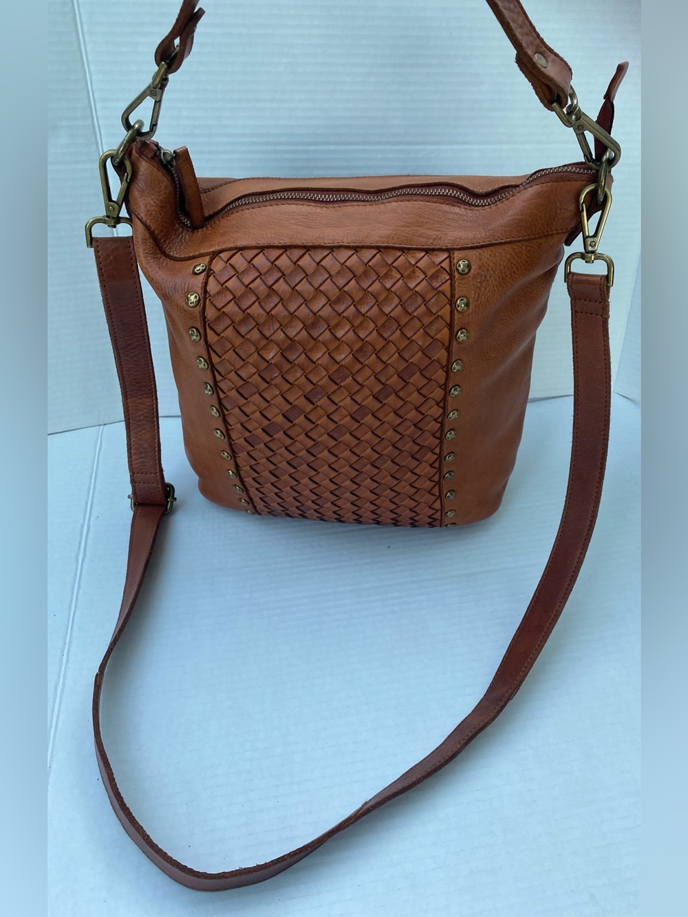 VILENCA HOLLAND LEATHEWoven Panel Tan Crossbody Bag with Gold-Tone Stud Details
